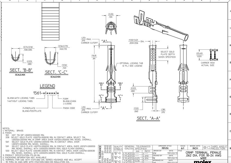 Molex 40 Pair) 18-24 AWG Gauge Pins 0.062" Male and Female Pins Connector, Crimp style pin, 1561-(P901)L - Image 2